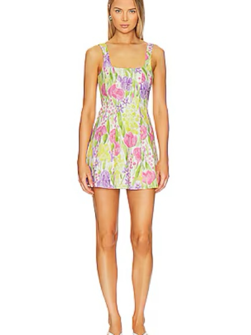 Show Me Your Mumu Floral Square-Neck Mini Dress in Pink & Green